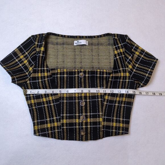Hollister Plaid Crop Top Juniors XS Cap Sleeve Square Neck Button Black Yellow - Picture 5 of 9
